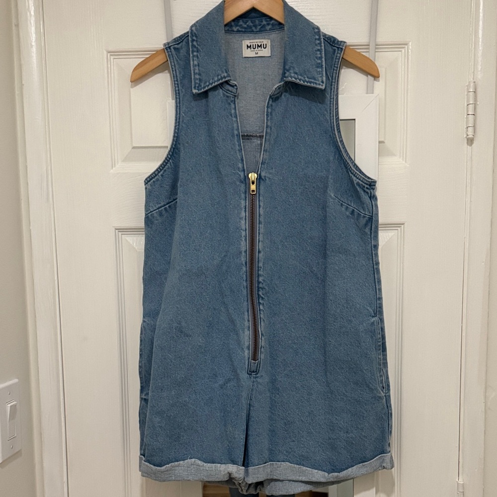 Show Me Your Mumu Sleeveless Denim Romper with Front Zip - Light Blue